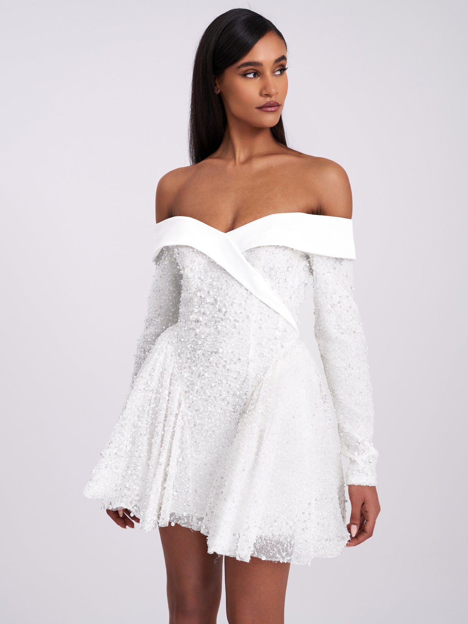 Kira Bead Embroidered Mesh Off Shoulder Long Sleeve Mini Dress | White
