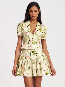 Zanelle Floral Print Drop Waist Linen Full Skirt | Green