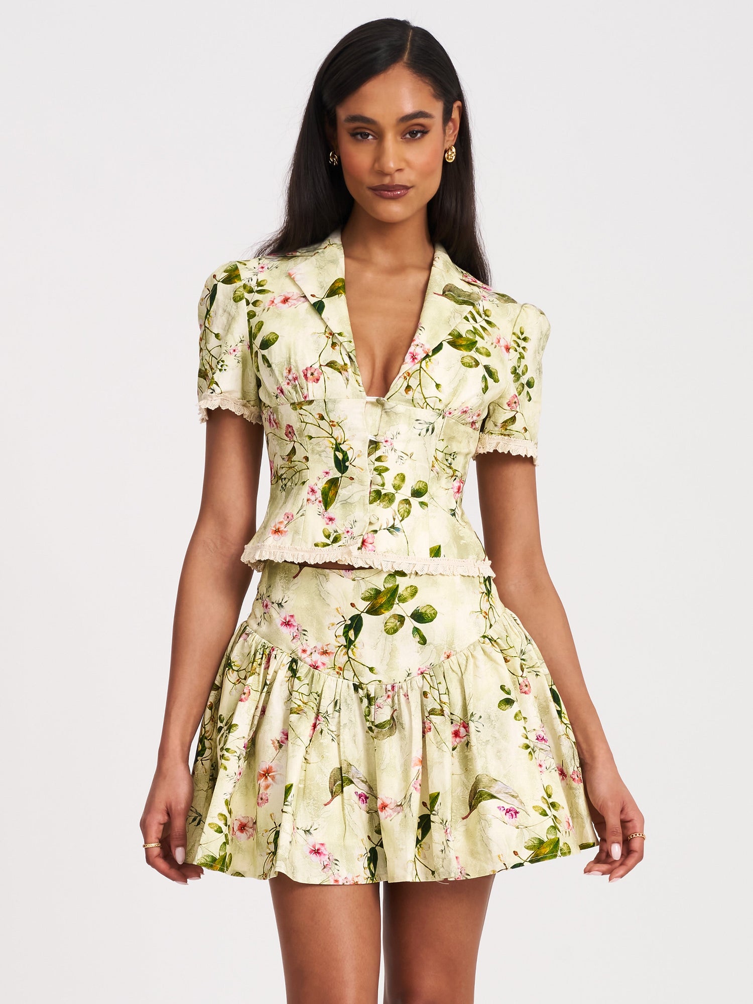 Zanelle Floral Print Drop Waist Linen Full Skirt | Green
