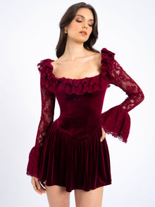 Yachira Velvet Lace Flare Sleeve Mini Dress | Burgundy