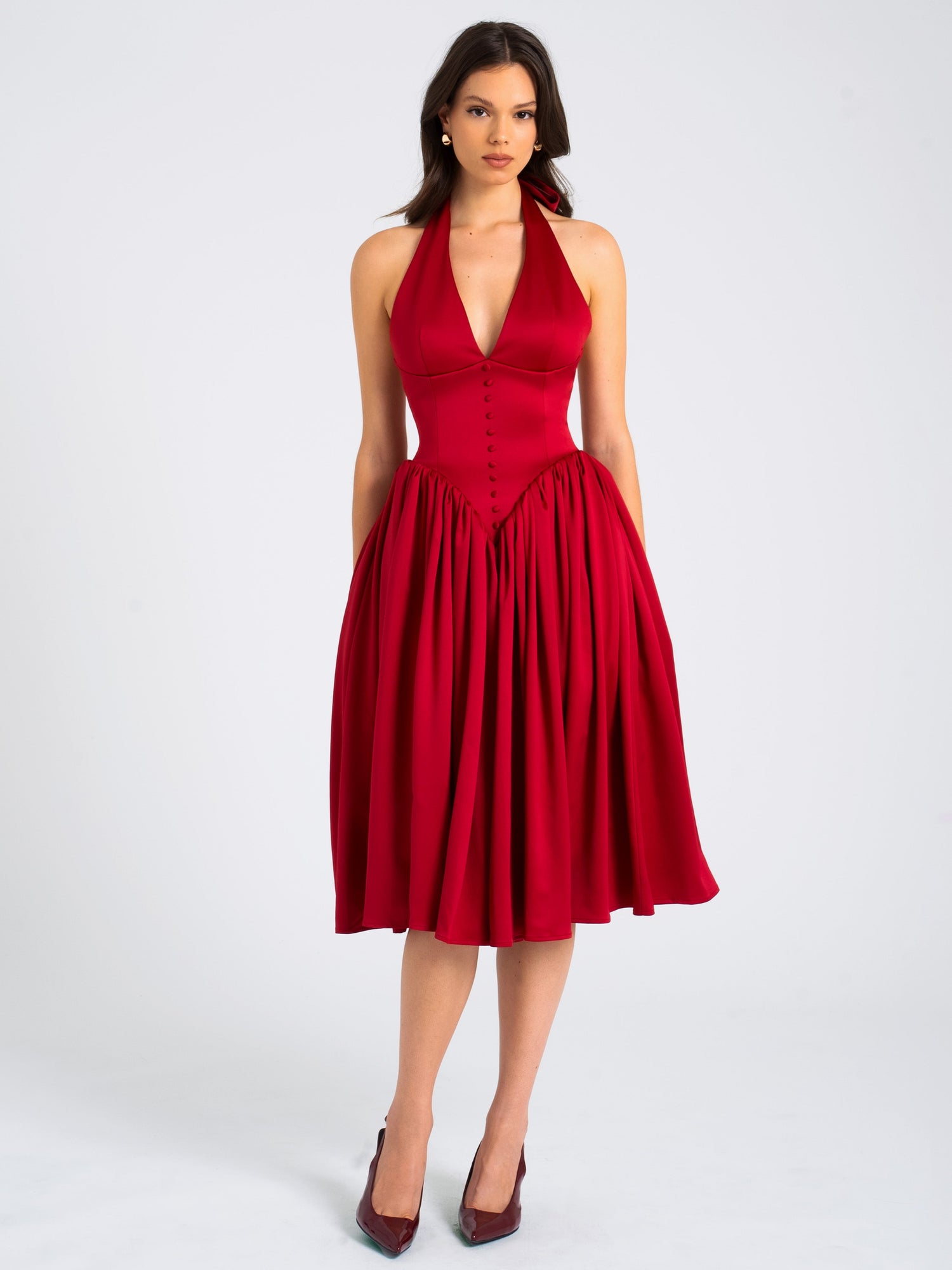 Cara Plunging Halter Backless Maxi Dress | Red