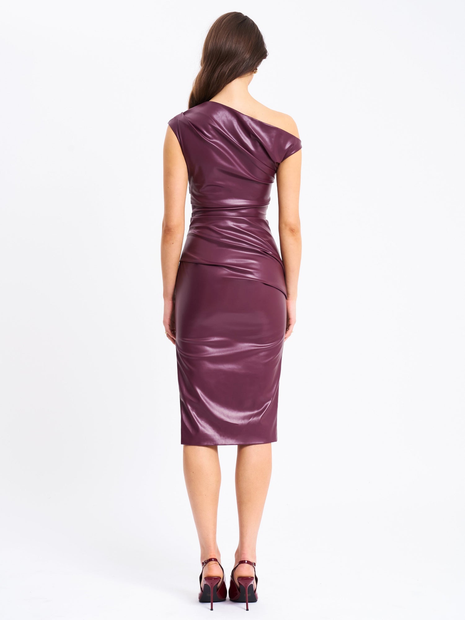 Sabina Leather Slash Neck Midi Dress | Purple