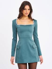 Gabella Long Sleeve A-line Mini Dress with Crystal Trim | Dark Green