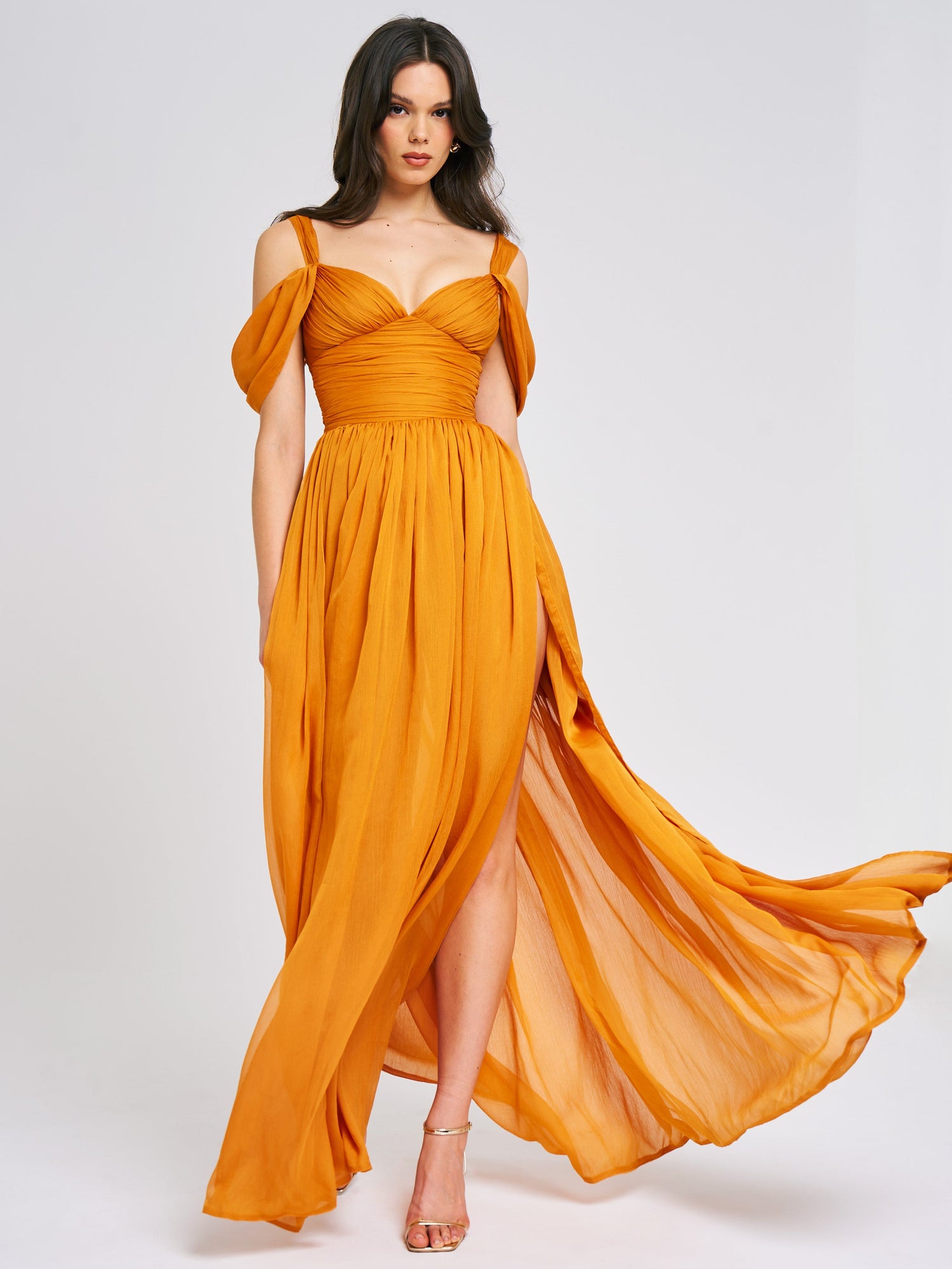 Jelani Layered Mesh High-Slit Drape Maxi Dress | Vibrant Orange