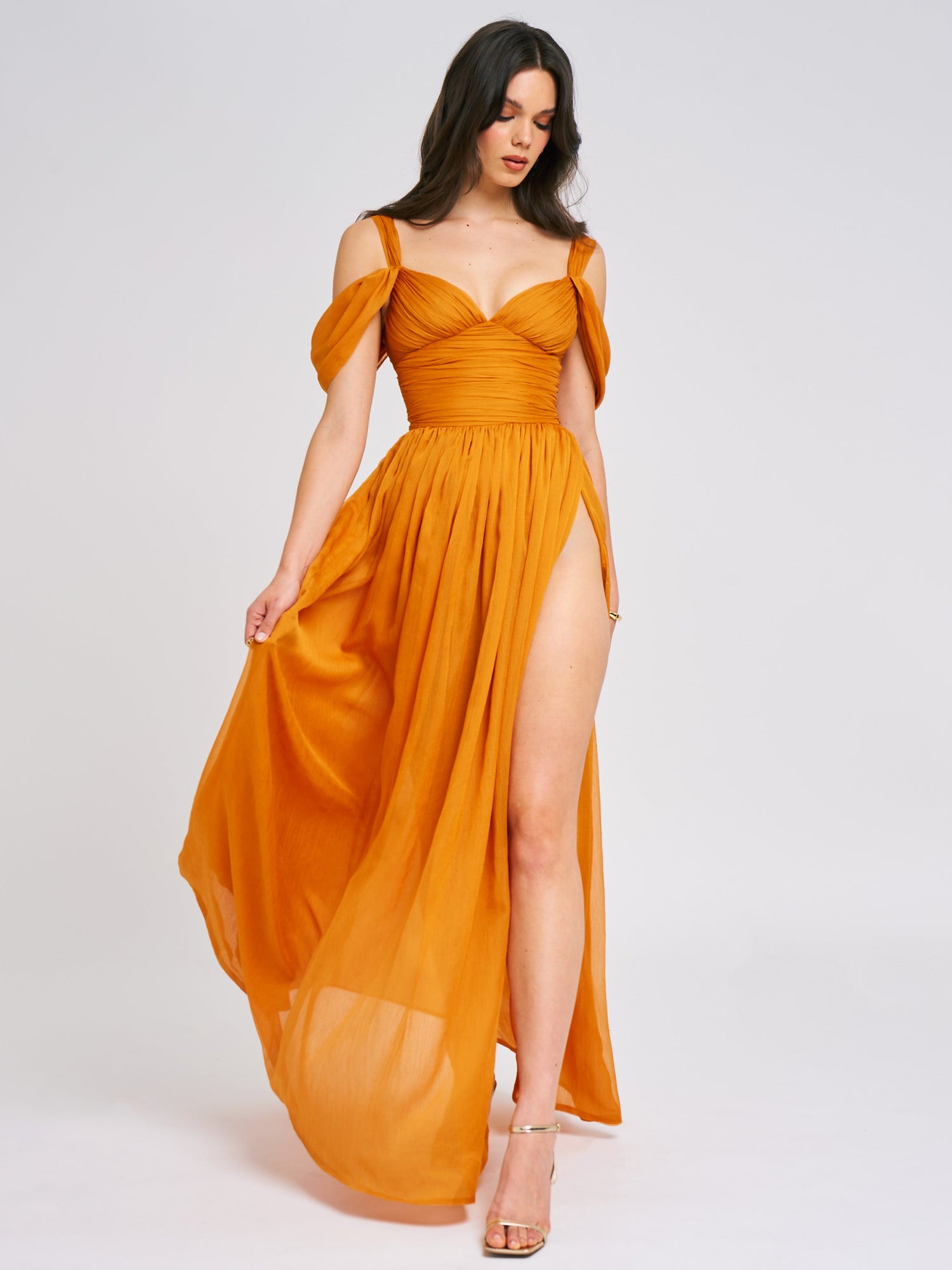 Jelani Layered Mesh High-Slit Drape Maxi Dress | Vibrant Orange