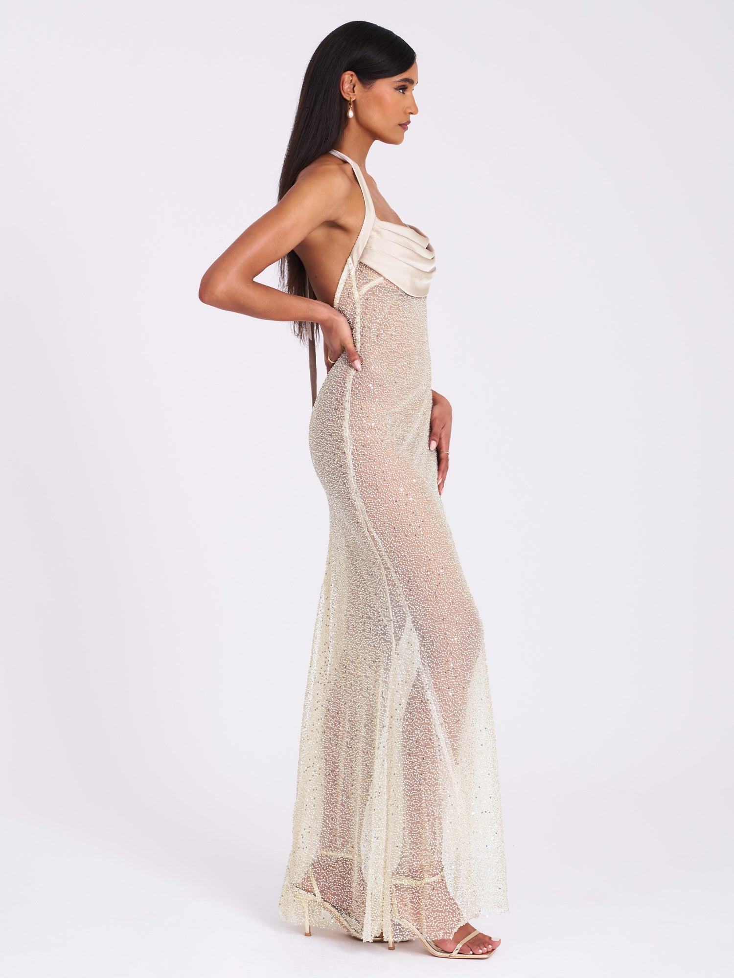 Zahya Halter Backless Beaded Mesh Gown | Lime