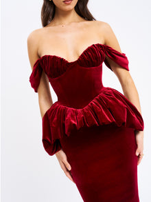 Abigail Velvet Off Shoulder Bubble Hem Peplum Maxi Dress | Burgundy