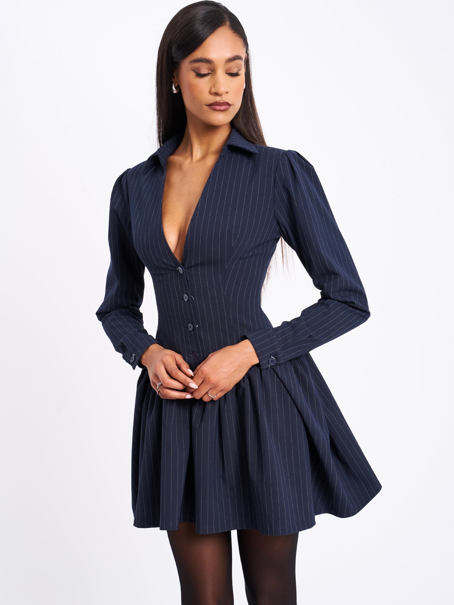 Xabrina Pinstripe Long Sleeve Shirt Mini Dress | Navy Blue