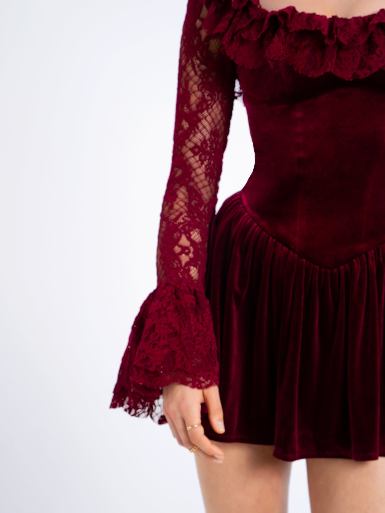 Yachira Velvet Lace Flare Sleeve Mini Dress | Burgundy
