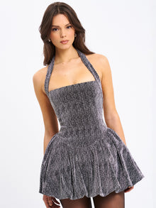 Naomie Crystal Embellished Bubble Hem Halter Mini Dress | Silver/Grey