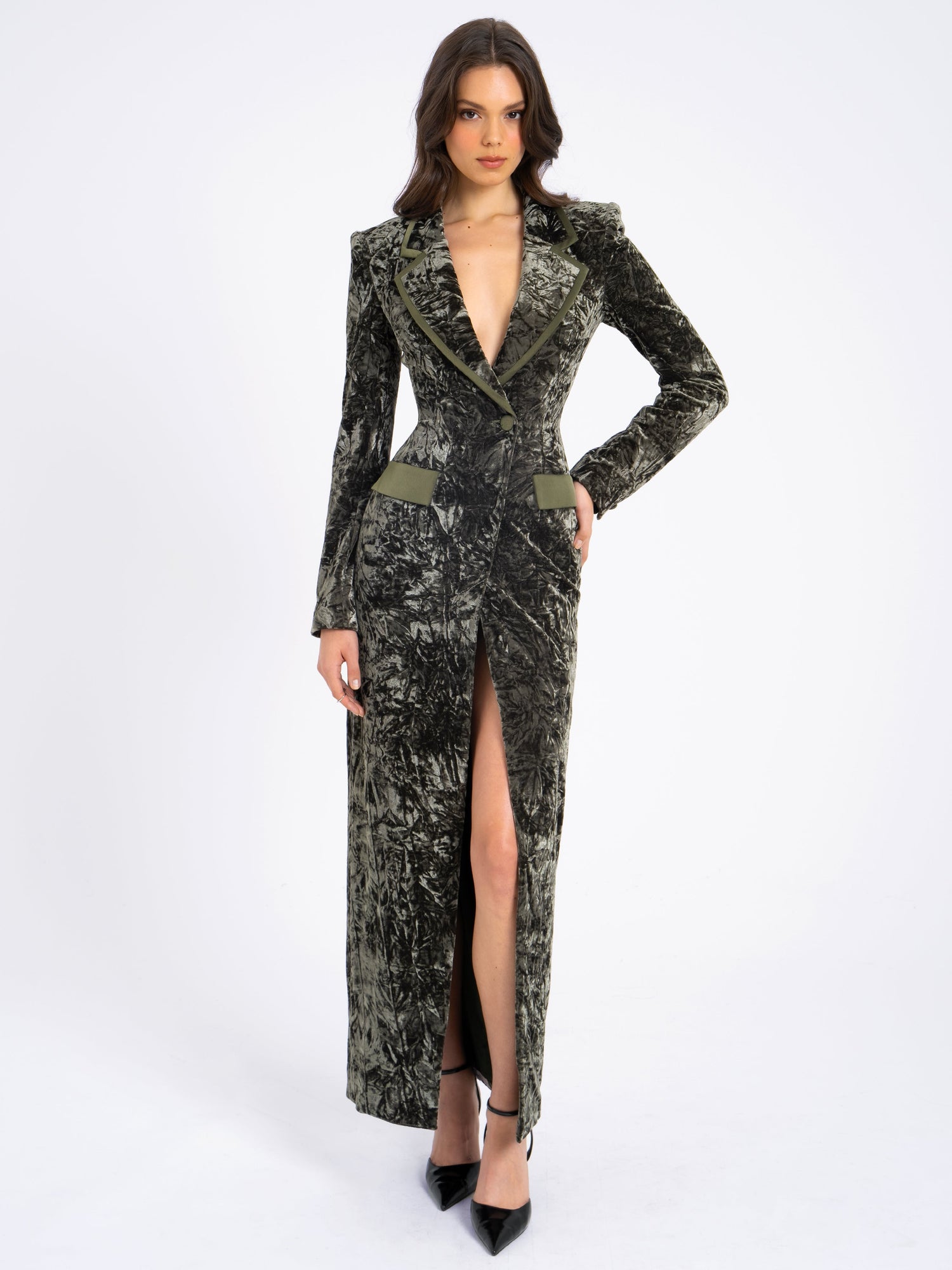 Willow Glossy Velvet High Slit Blazer Gown | Green