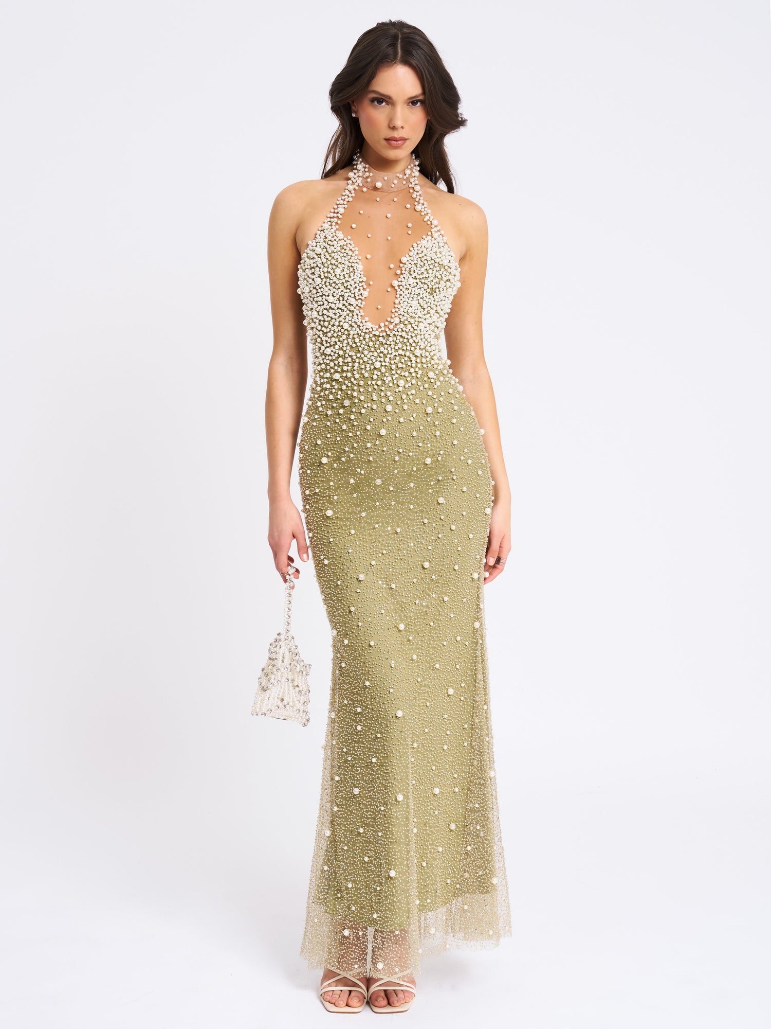 BBC Ginny Pearl Embellished Backless Gown | Pear Green