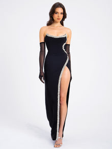 Xoana Crystal Embellished High Slit Gown | Black