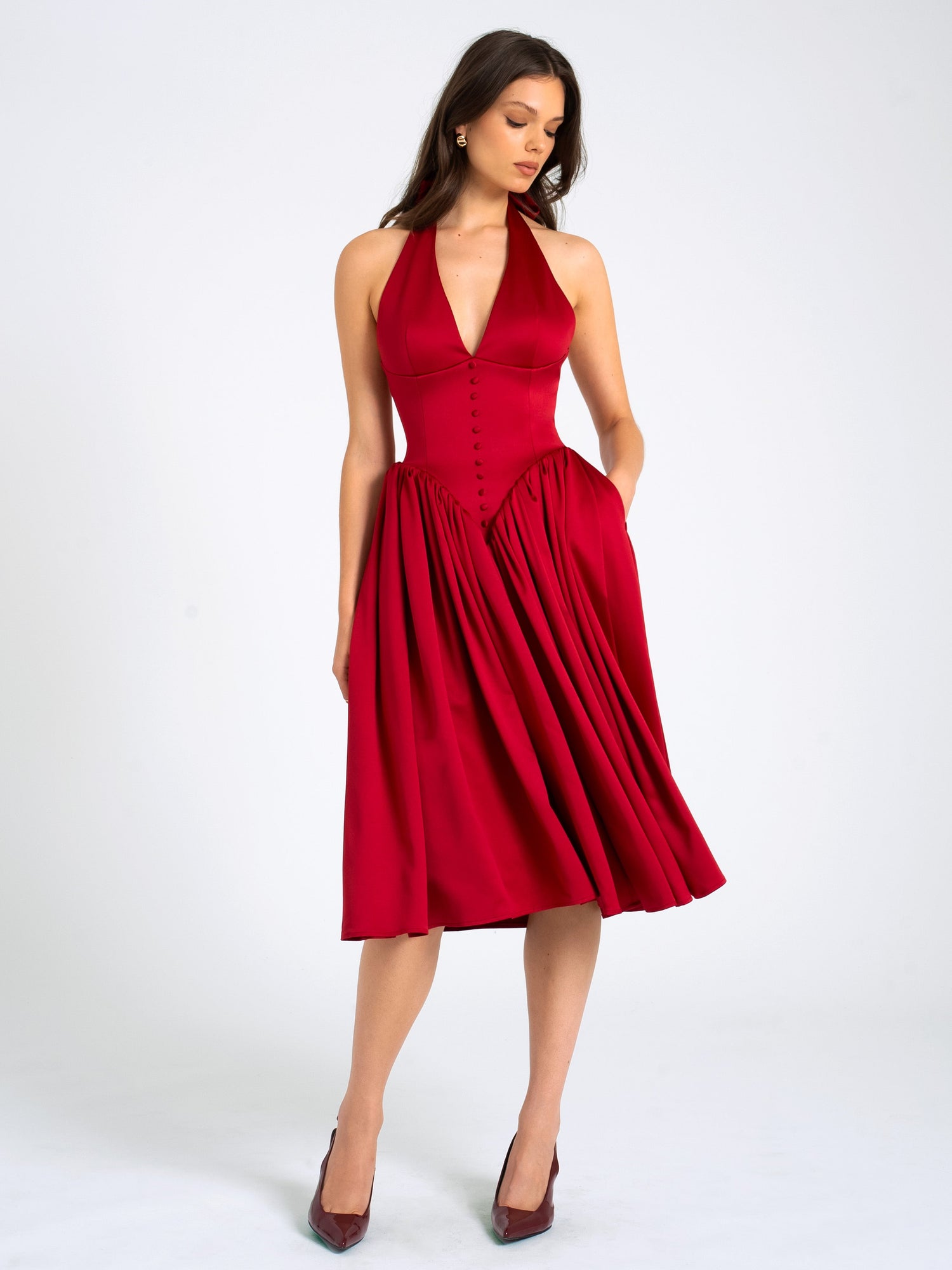Cara Plunging Halter Backless Maxi Dress | Red