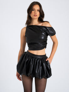 Yara Vegan Leather Slash Neck Tank Top | Black