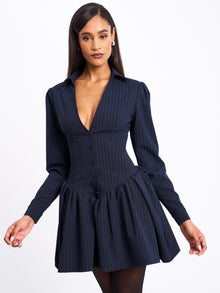 Xabrina Pinstripe Long Sleeve Shirt Mini Dress | Navy Blue