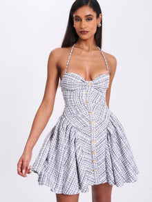 Melody Plaid Tweed Halter Drop Waist Mini Dress | Black and White