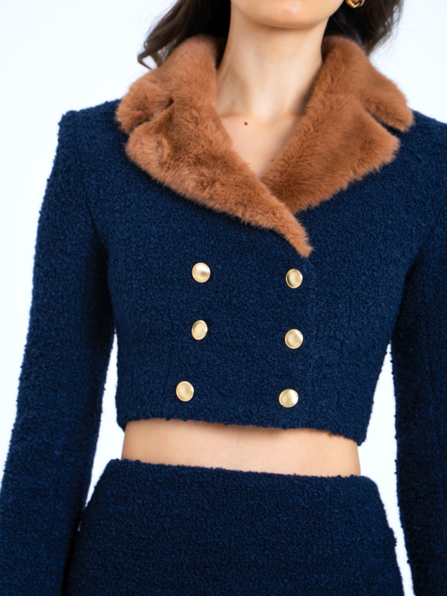Wava Double Breast Fur Trim Cropped Boucle Wool Jacket | Navy Blue