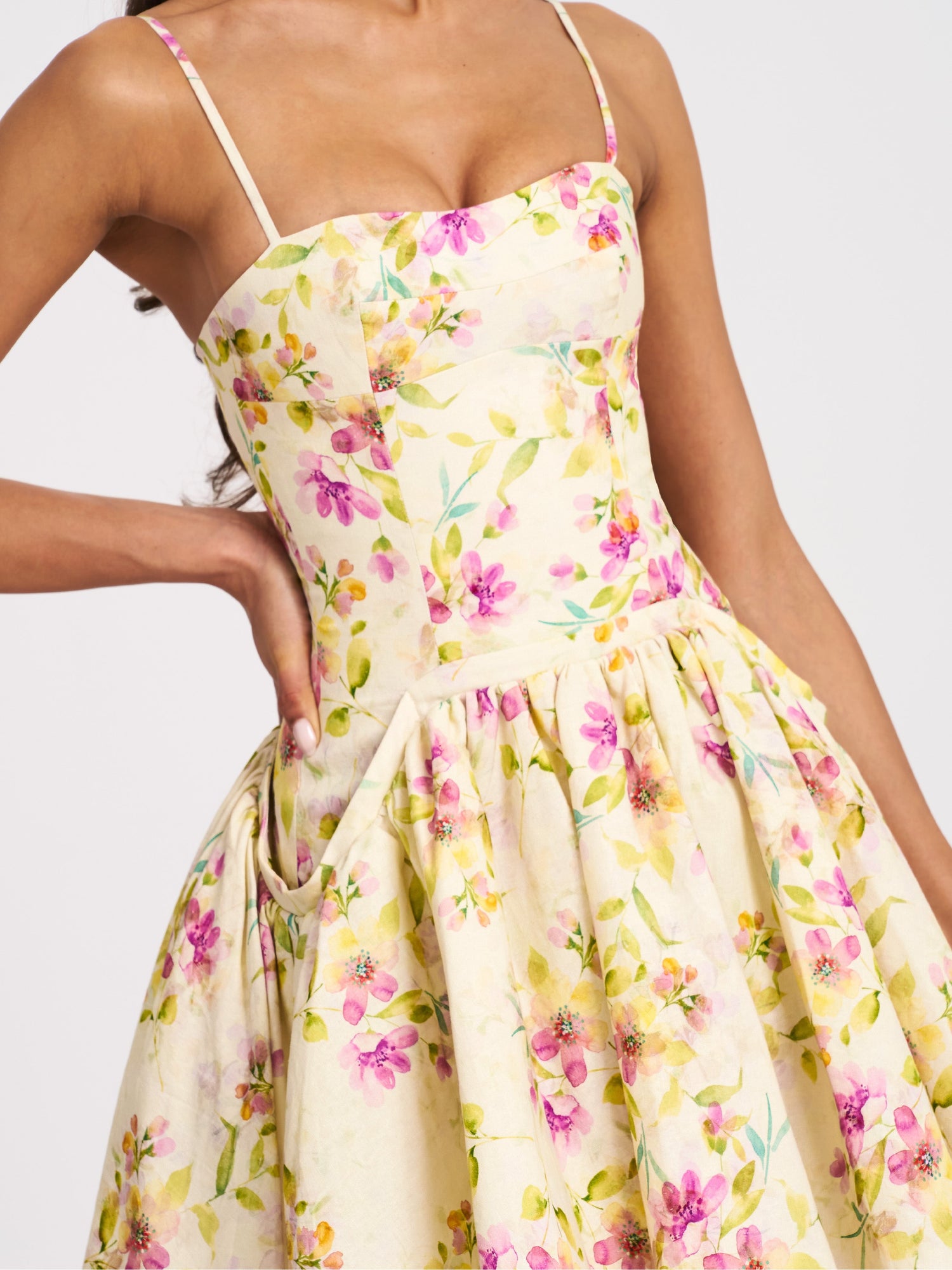 Valda Linen Mini Dress with Pockets | Yellow and Pink Print