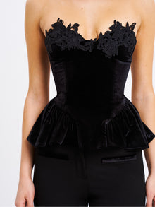 Qiara Velvet Peplum Top with Lace Trim | Black