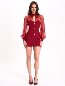 Tabitha Mesh Lantern Sleeve Mini Dress | Burgundy