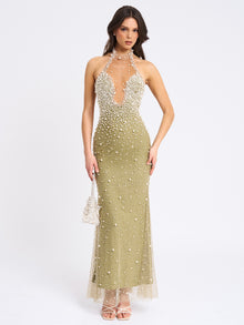 BBC Ginny Pearl Embellished Backless Gown | Pear Green