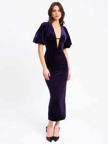 Coraline Velvet Bubble Sleeve Backless Maxi Dress | Purple