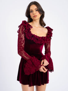 Yachira Velvet Lace Flare Sleeve Mini Dress | Burgundy