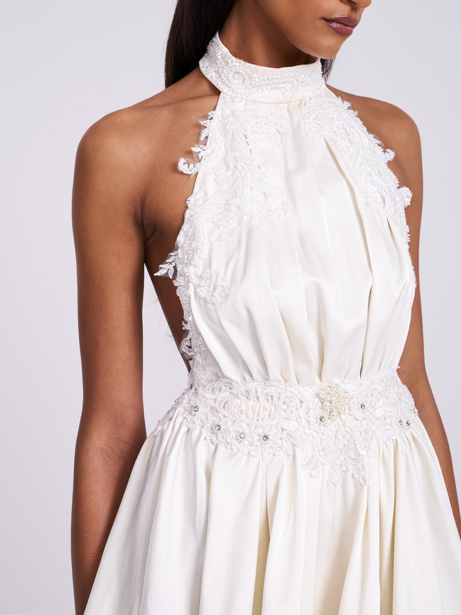 Idalia Beaded Lace Trim Backless Halter Mini Dress | Pearl White