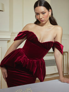 Abigail Velvet Off Shoulder Bubble Hem Peplum Maxi Dress | Burgundy