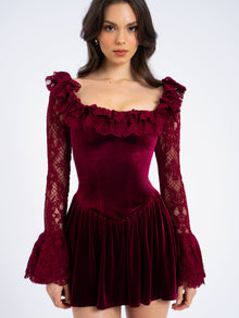 Yachira Velvet Lace Flare Sleeve Mini Dress | Burgundy