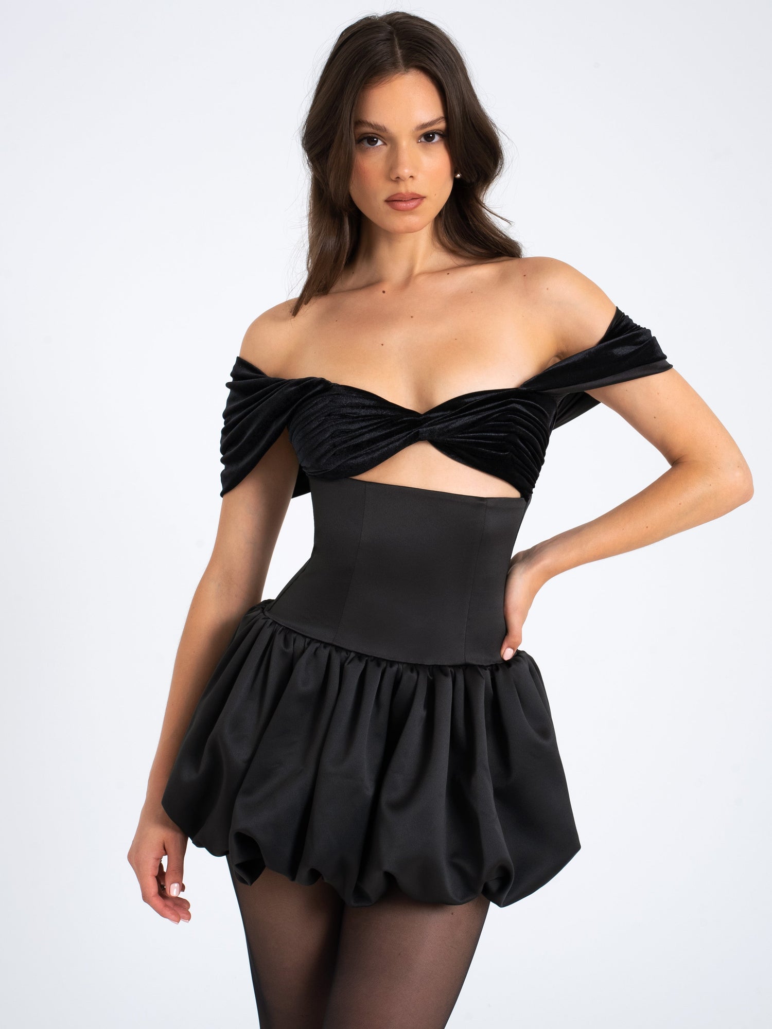 Gabby Velvet Top Bubble Hem Mini Dress | Black
