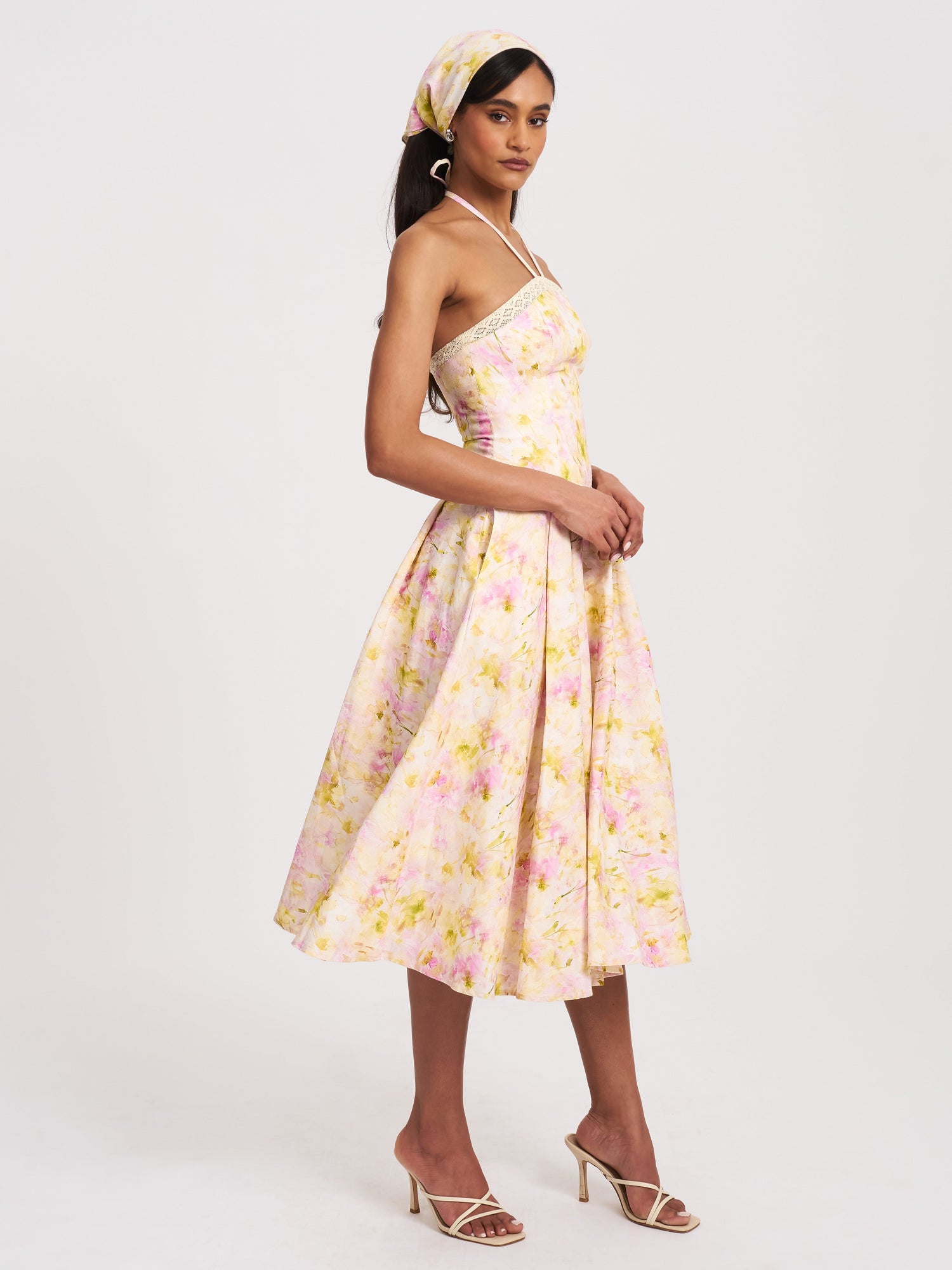 Zaina Floral Print Lace Trim Linen Midi Dress | Yellow and Pink