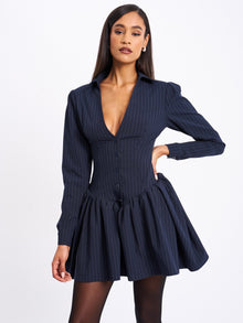 Xabrina Pinstripe Long Sleeve Shirt Mini Dress | Navy Blue