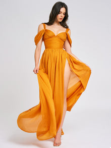 Jelani Layered Mesh High-Slit Drape Maxi Dress | Vibrant Orange