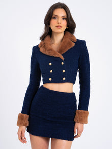 Wava Double Breast Fur Trim Cropped Boucle Wool Jacket | Navy Blue