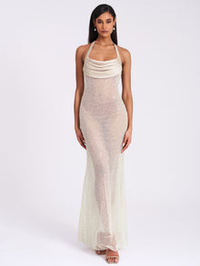 Zahya Halter Backless Beaded Mesh Gown | Lime