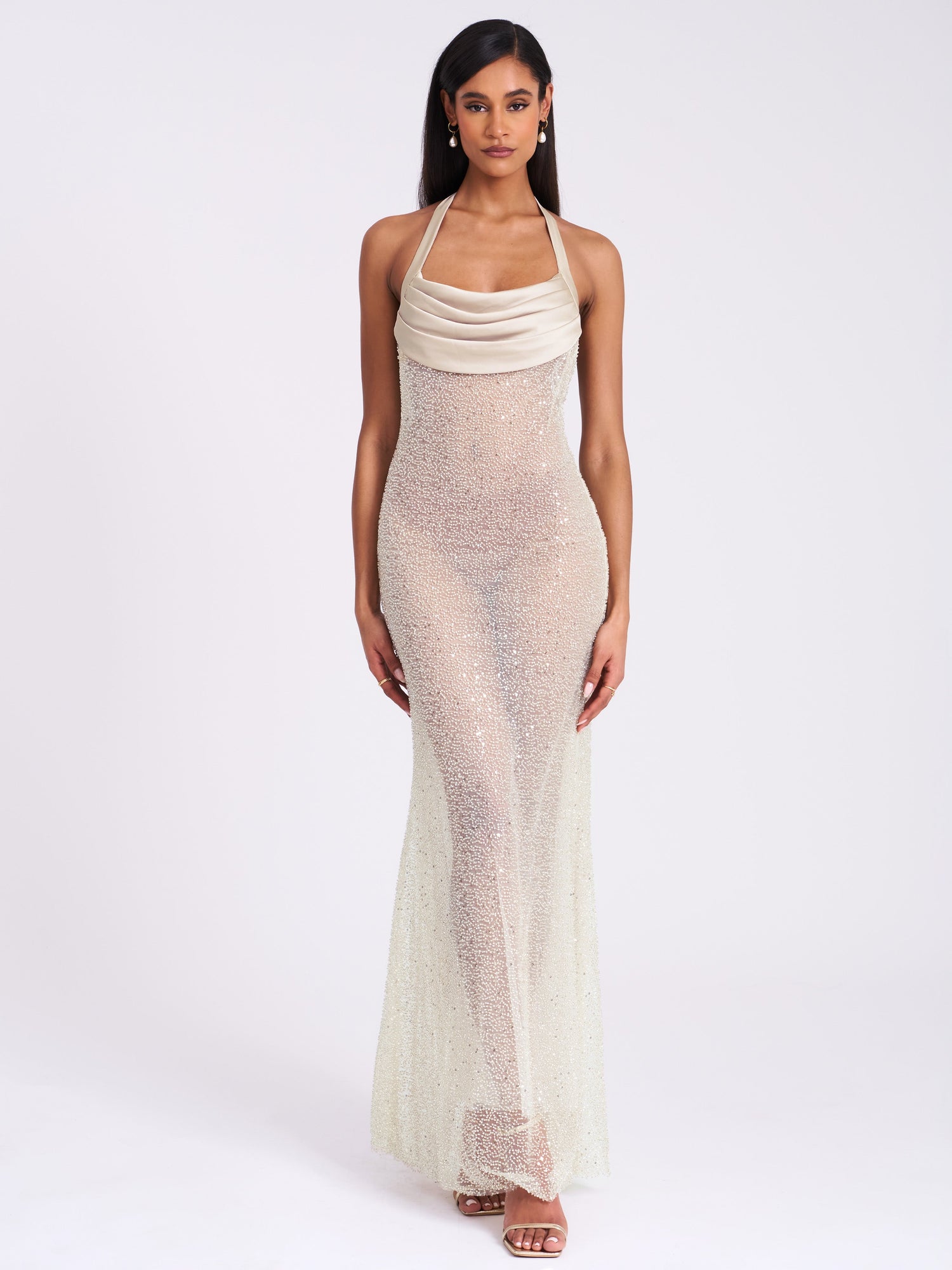 Zahya Halter Backless Beaded Mesh Gown | Lime