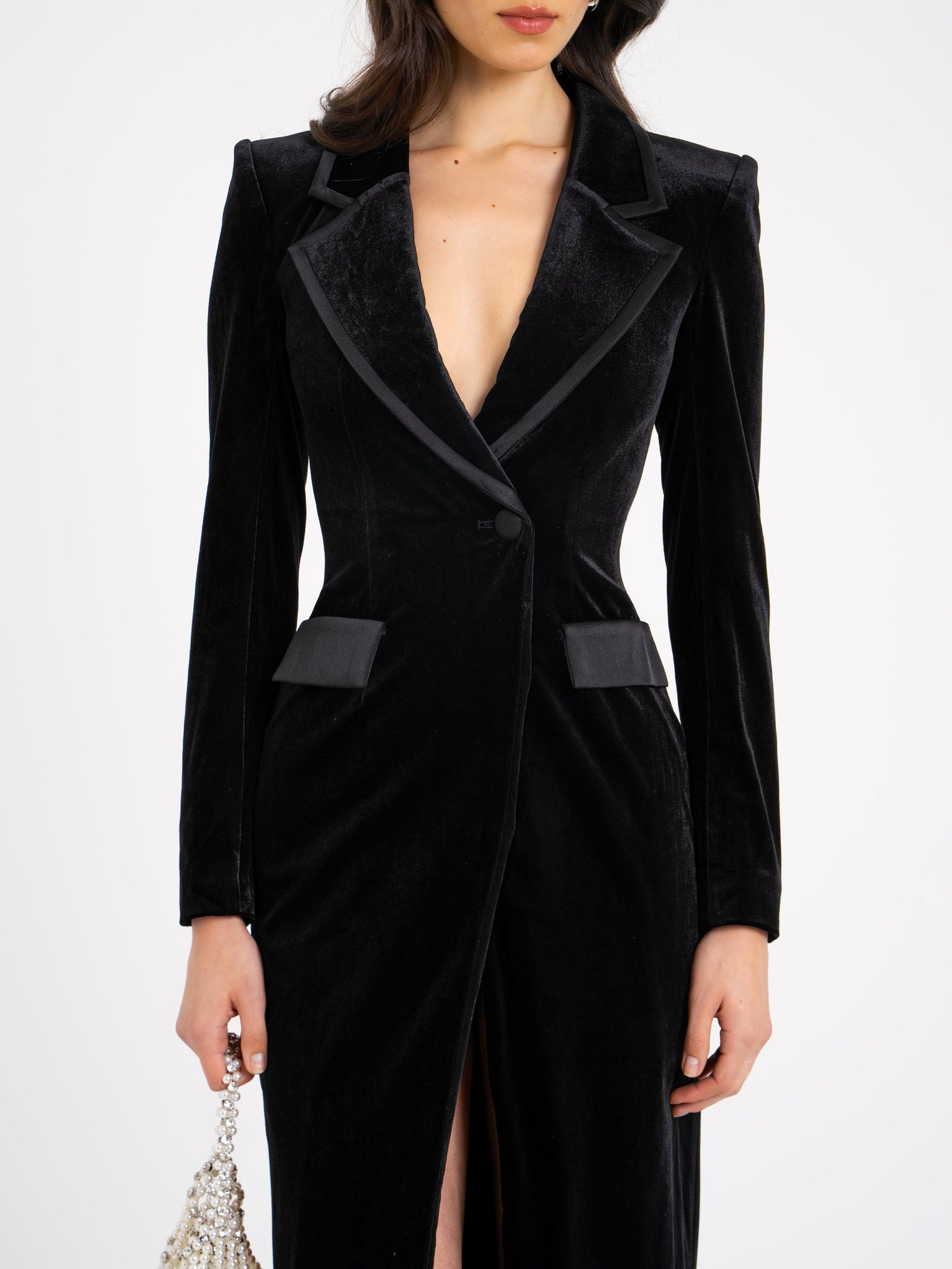 Willow Velvet High Slit Blazer Gown | Black