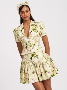 Zanella Floral Print Lace Trim Linen Top | Green