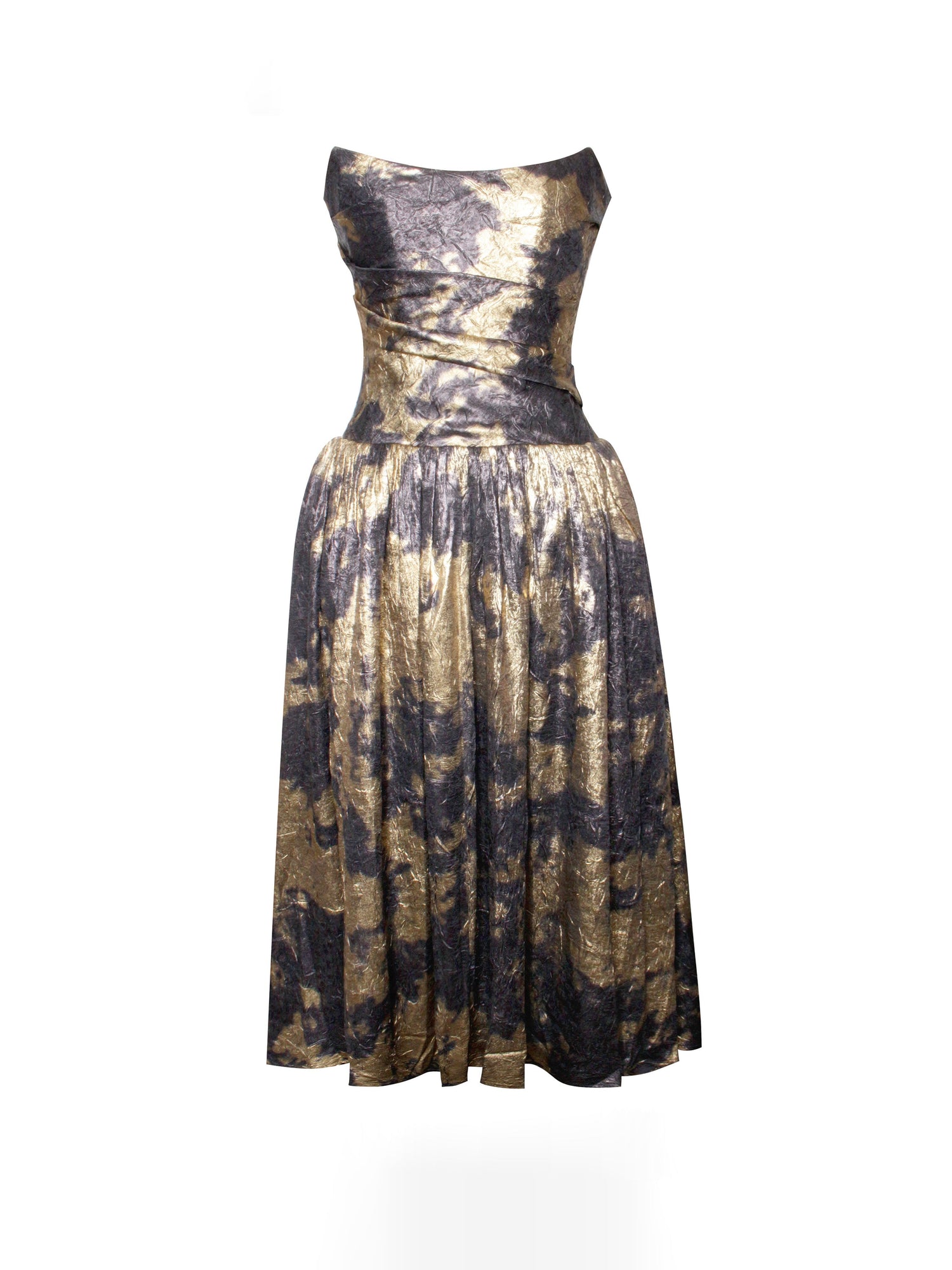 Saanvi Bronzing Strapless Drop Waist Midi Dress | Gold Tie Dye