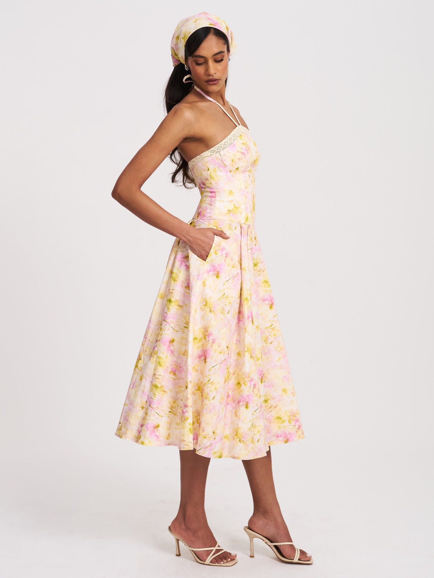Zaina Floral Print Lace Trim Linen Midi Dress | Yellow and Pink