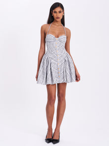 Melody Plaid Tweed Halter Drop Waist Mini Dress | Black and White