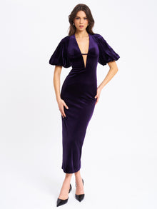 Coraline Velvet Bubble Sleeve Backless Maxi Dress | Purple