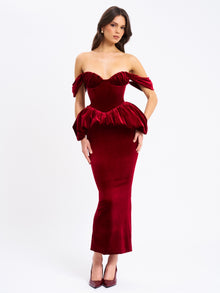 Abigail Velvet Off Shoulder Bubble Hem Peplum Maxi Dress | Burgundy