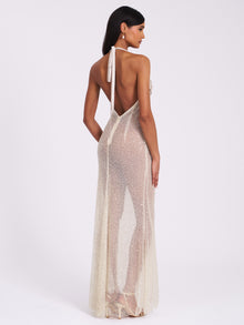 Zahya Halter Backless Beaded Mesh Gown | Lime