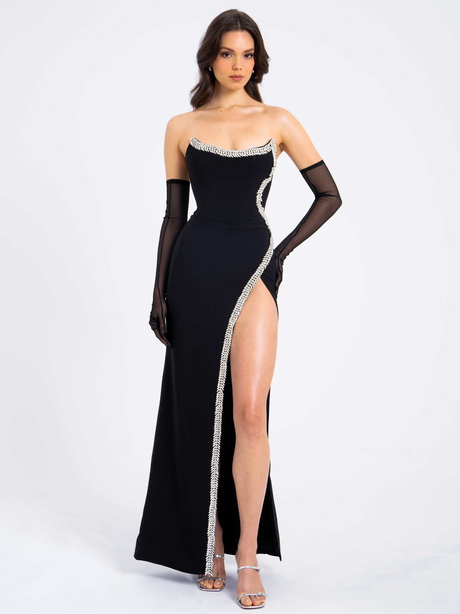 Xoana Crystal Embellished High Slit Gown | Black