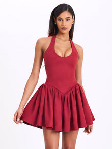 Hadorabra Suede Halter Mini Full Dress | Burgundy