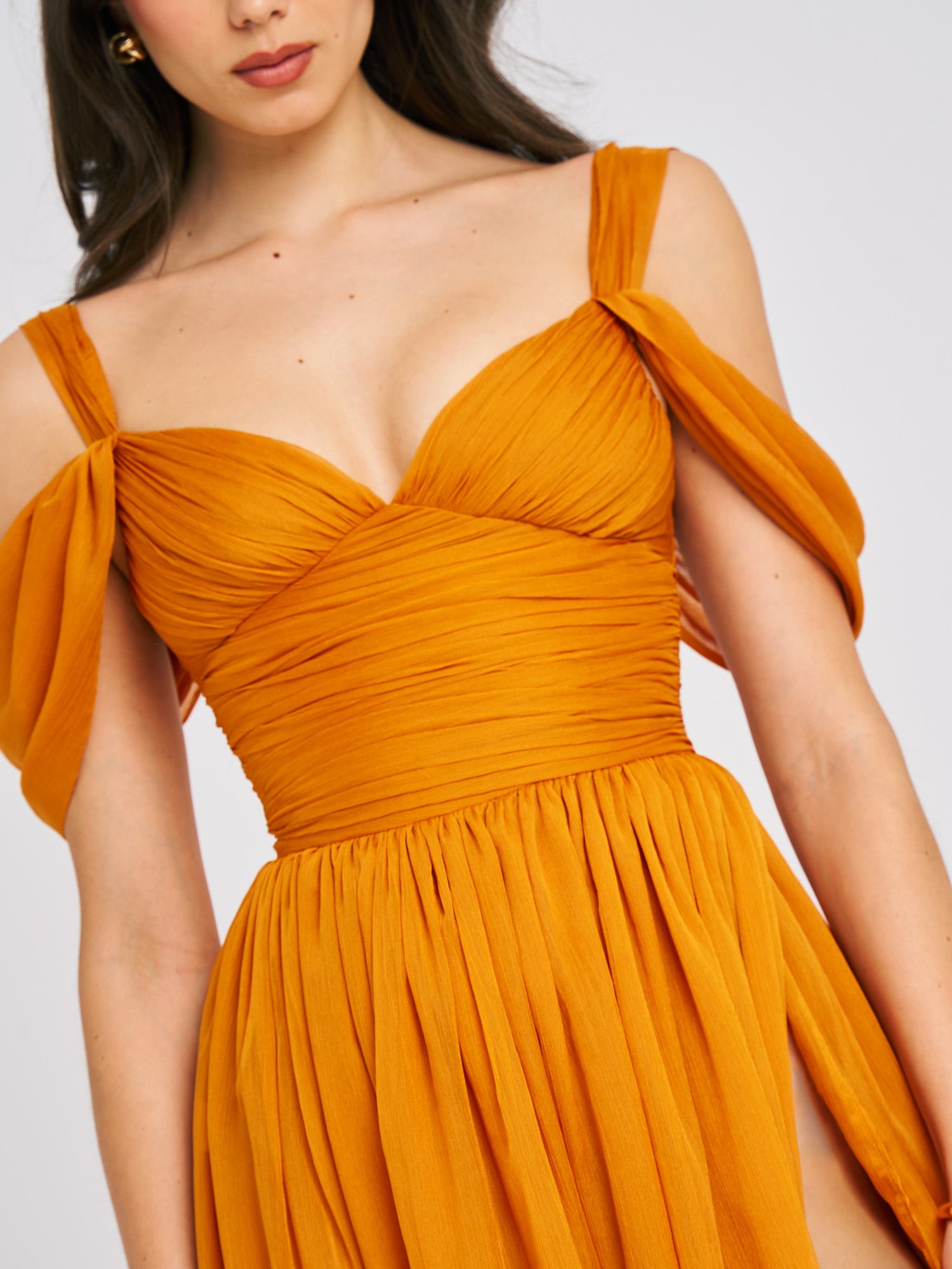 Jelani Layered Mesh High-Slit Drape Maxi Dress | Vibrant Orange