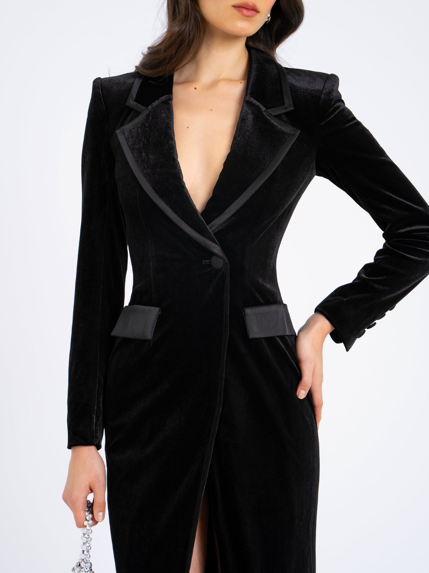 Willow Velvet High Slit Blazer Gown | Black